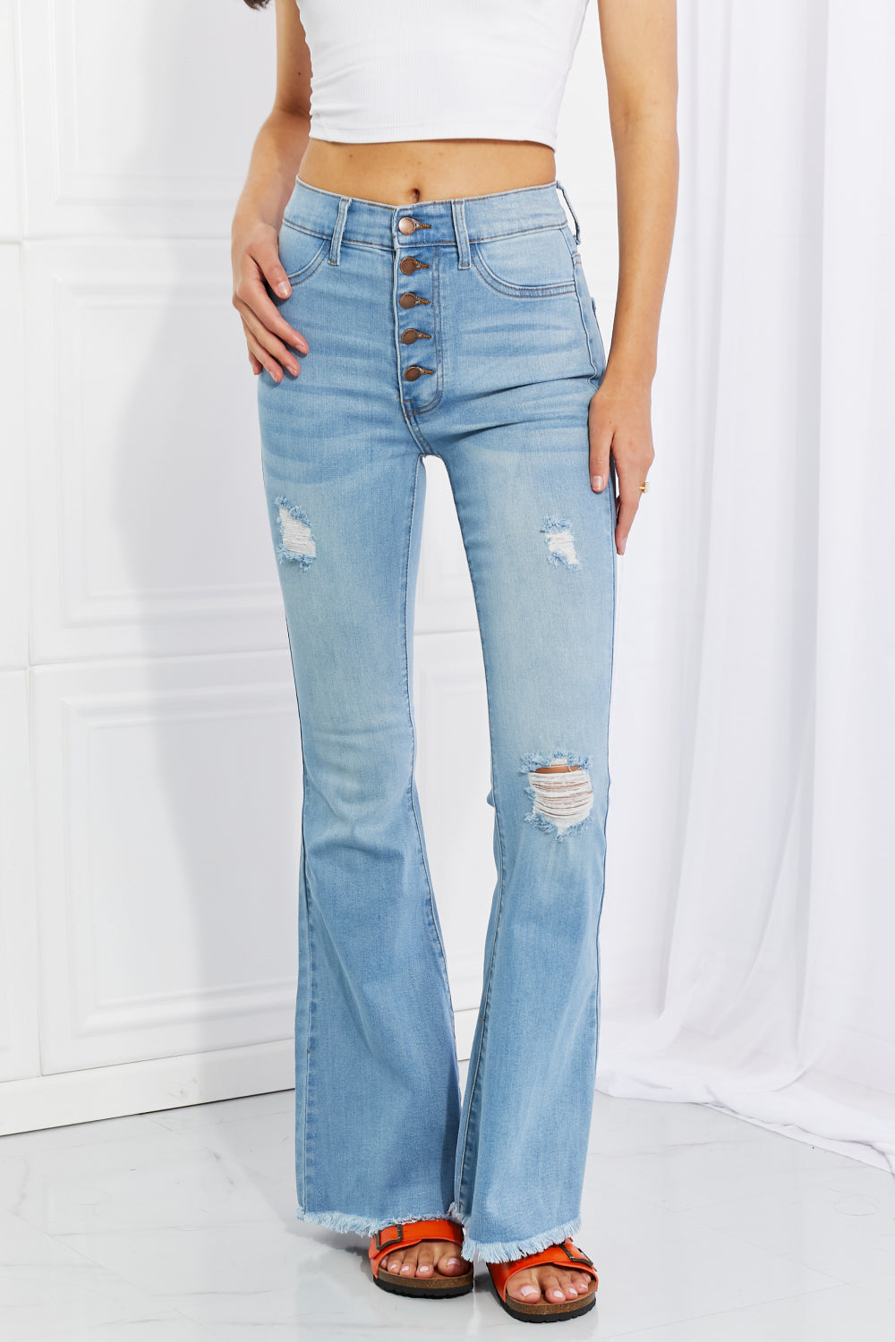 Vibrant Judy Blue, Ladies Button Flare Jeans, Button Up