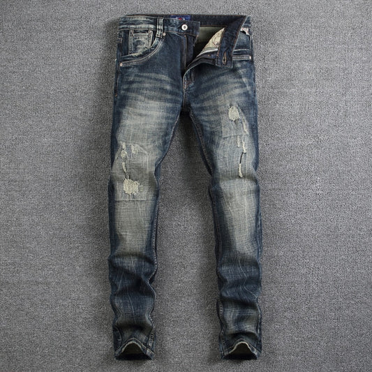 Retro Design Men's Distressed Dark Wash Jeans
