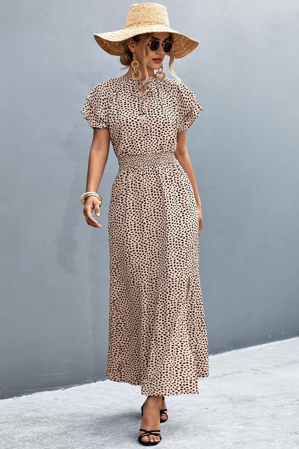 Printed Tie-Neck Flutter Sleeve Dress