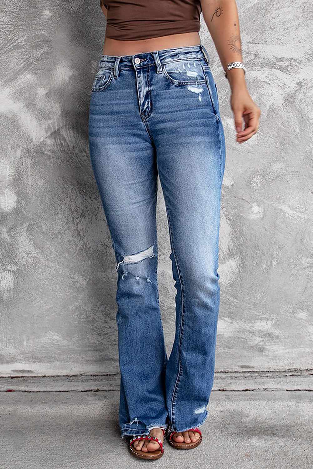 Distressed Flared Jeans with Pockets, Medium Wash