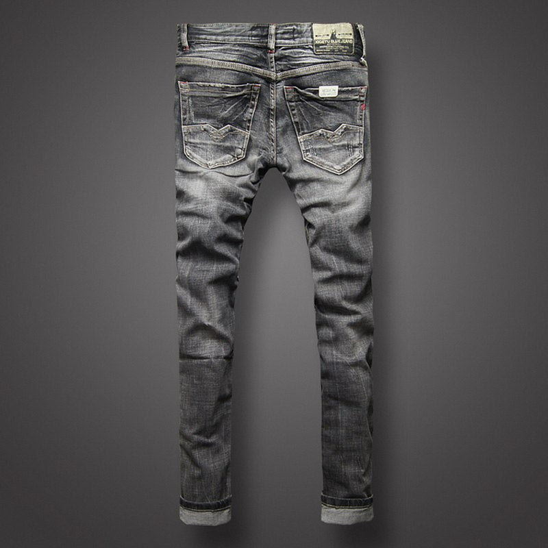 Men's Retro Style Distressed Grey Washed Jeans