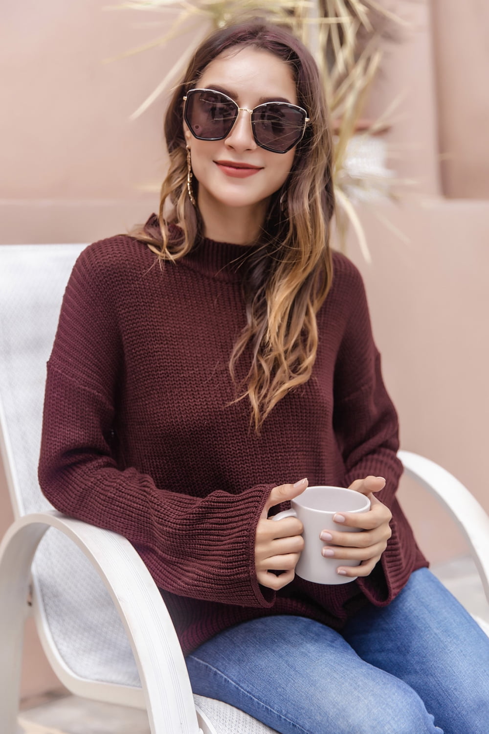 Round Neck Cutout Dropped Shoulder Sweater