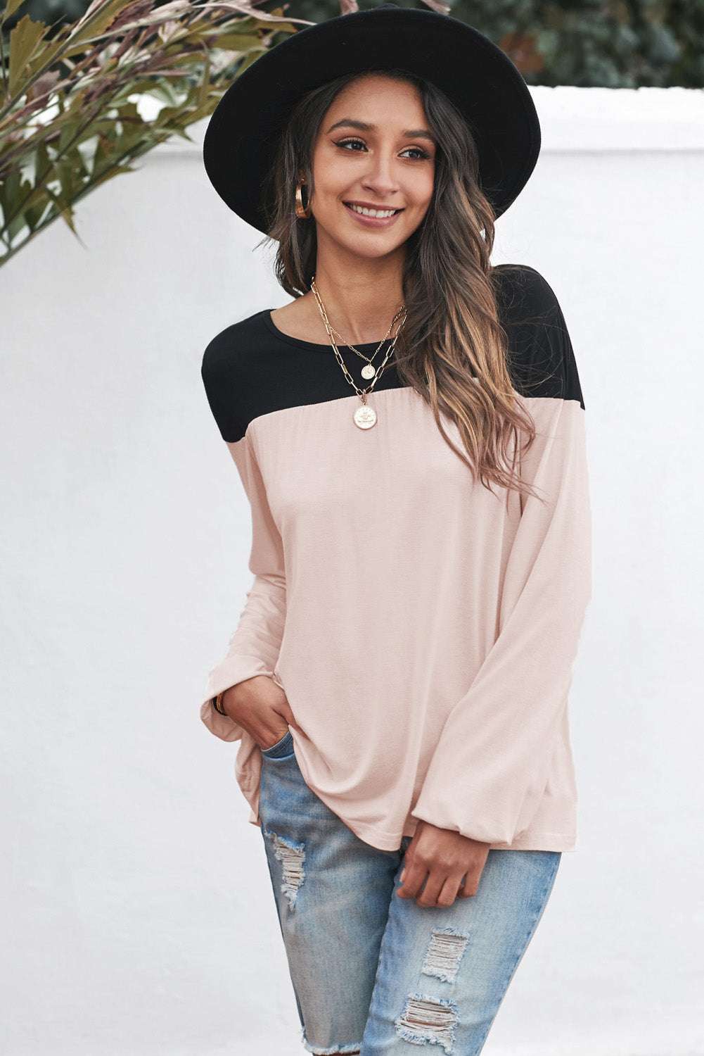 Contrast Shoulder, Balloon Sleeve Blouse