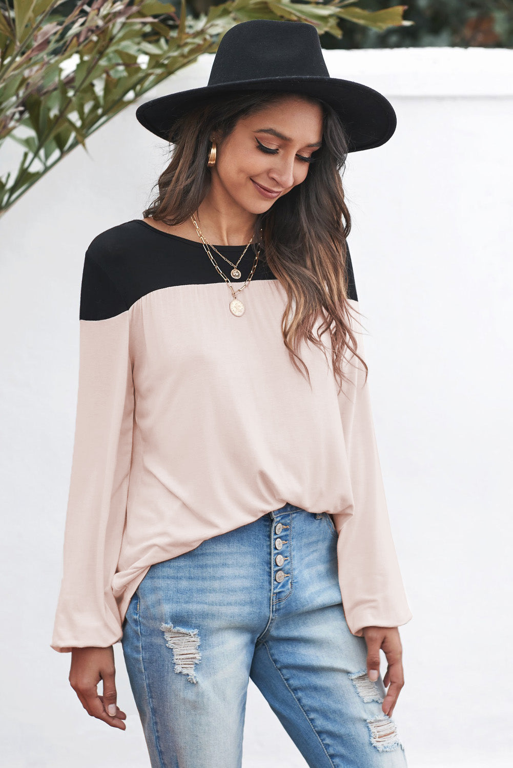 Contrast Shoulder, Balloon Sleeve Blouse