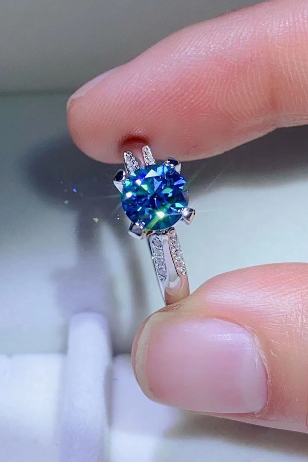 1 Carat Blue Moissanite 4-Prong Ring