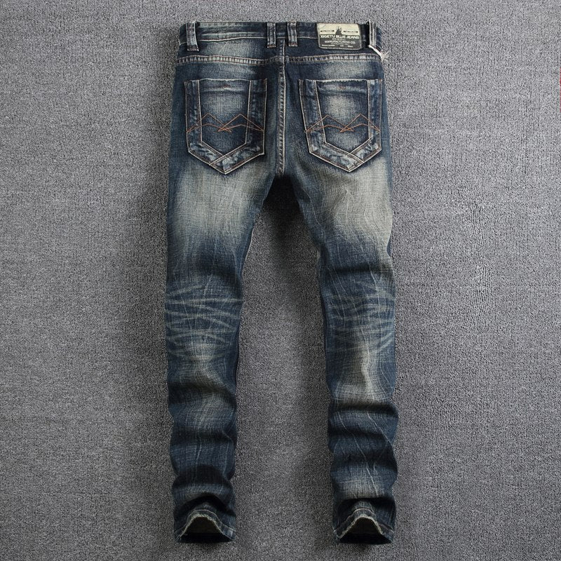 Retro Design Men's Distressed Dark Wash Jeans