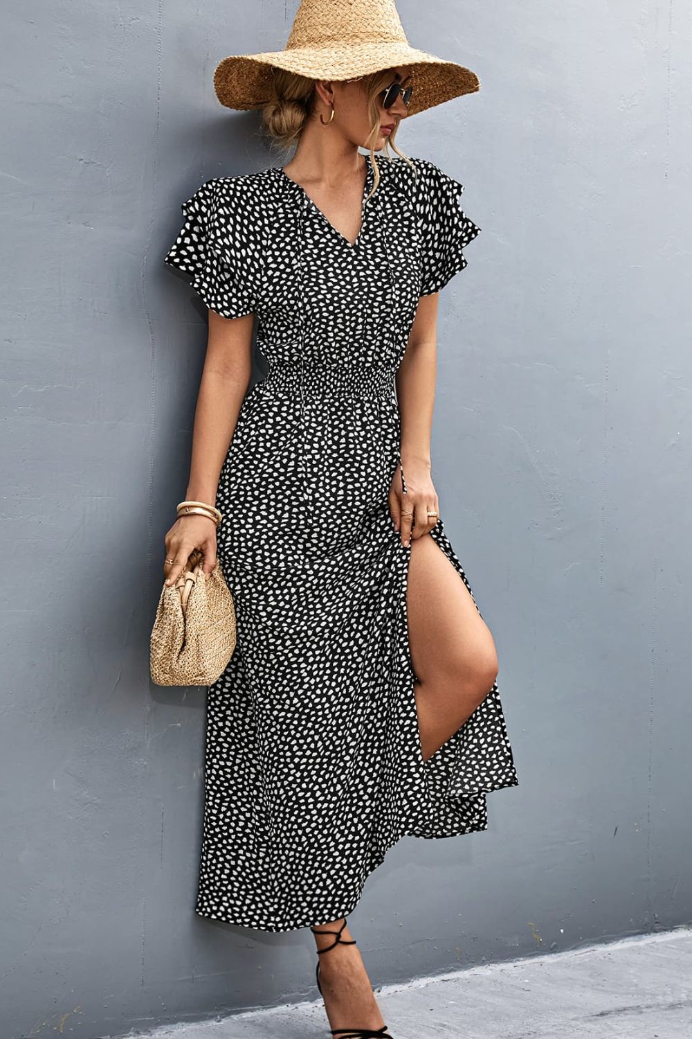 Printed Tie-Neck Flutter Sleeve Dress