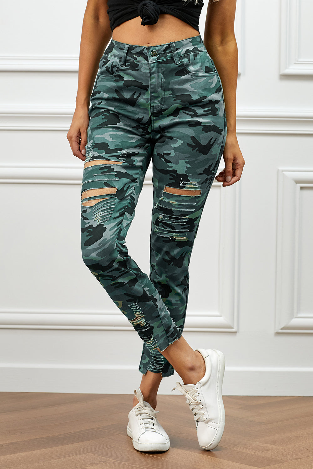 Distressed Camouflage Jeans, Form Fitting Ladies Jeans