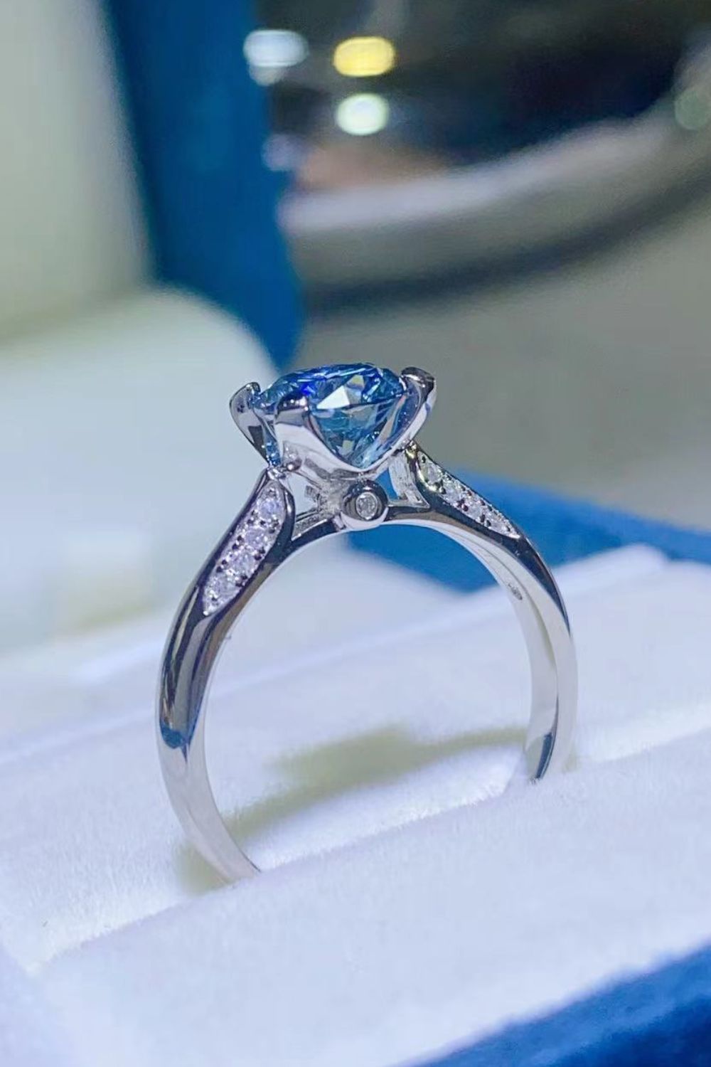 1 Carat Blue Moissanite 4-Prong Ring