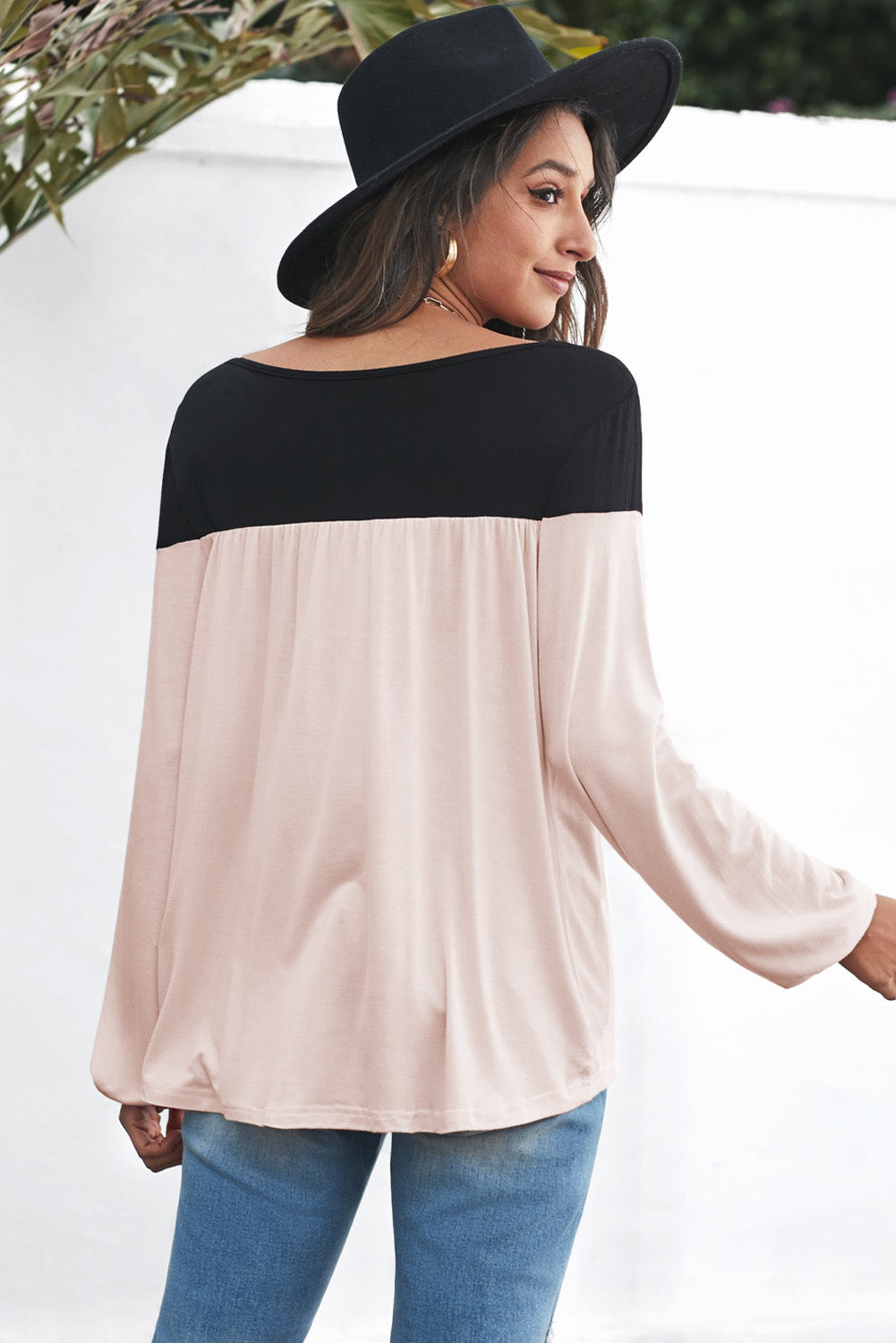 Contrast Shoulder, Balloon Sleeve Blouse