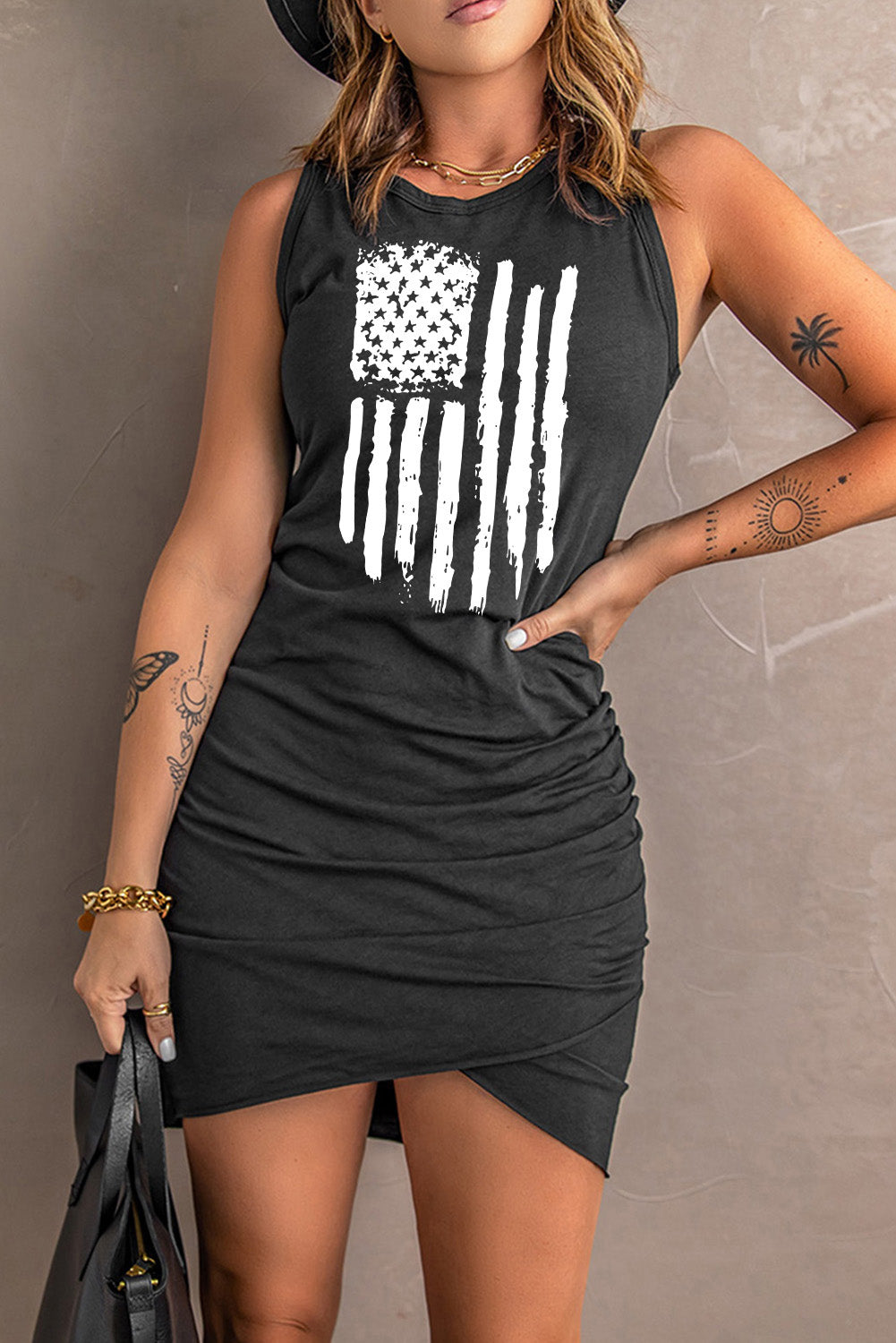 American Flag Graphic Tulip Hem Ruched Sleeveless Dress