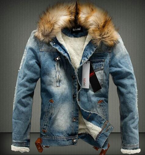 Men's Thick Style Jean Jacket Coat, With Vegan Fur Collar