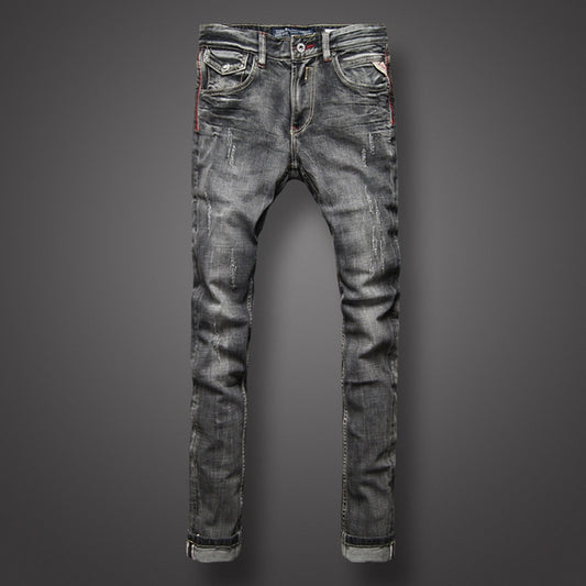 Men's Retro Style Distressed Grey Washed Jeans