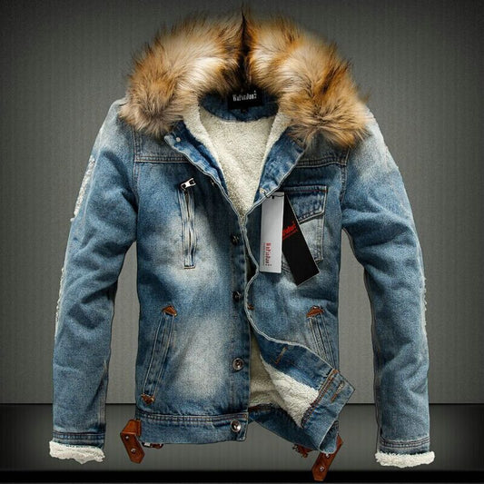 Men's Thick Style Jean Jacket Coat, With Vegan Fur Collar