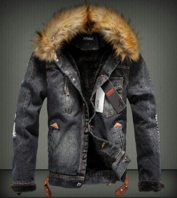 Men's Thick Style Jean Jacket Coat, With Vegan Fur Collar