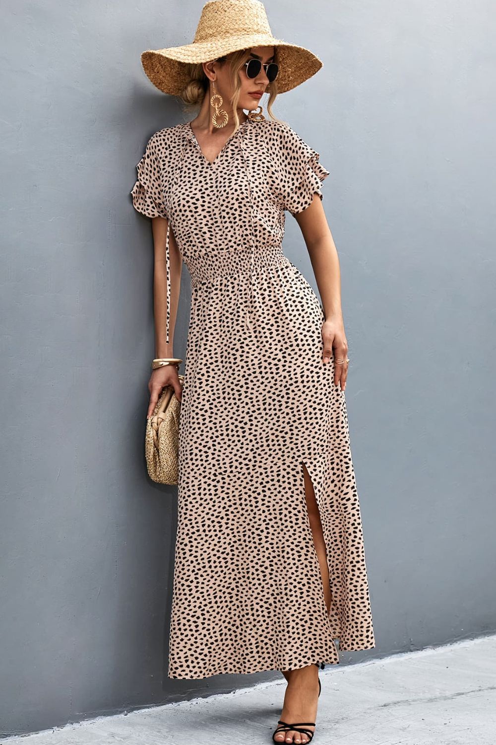 Printed Tie-Neck Flutter Sleeve Dress