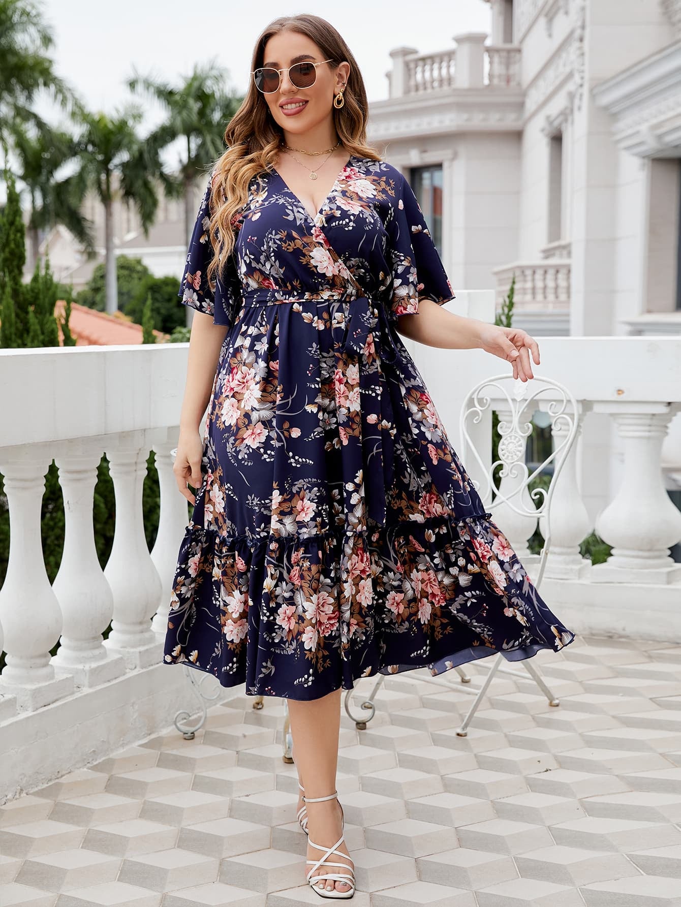 Ladies Floral Open Neck, Midi Dress