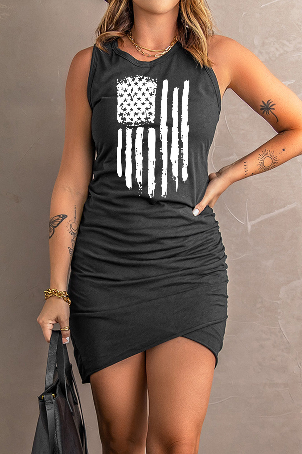 American Flag Graphic Tulip Hem Ruched Sleeveless Dress