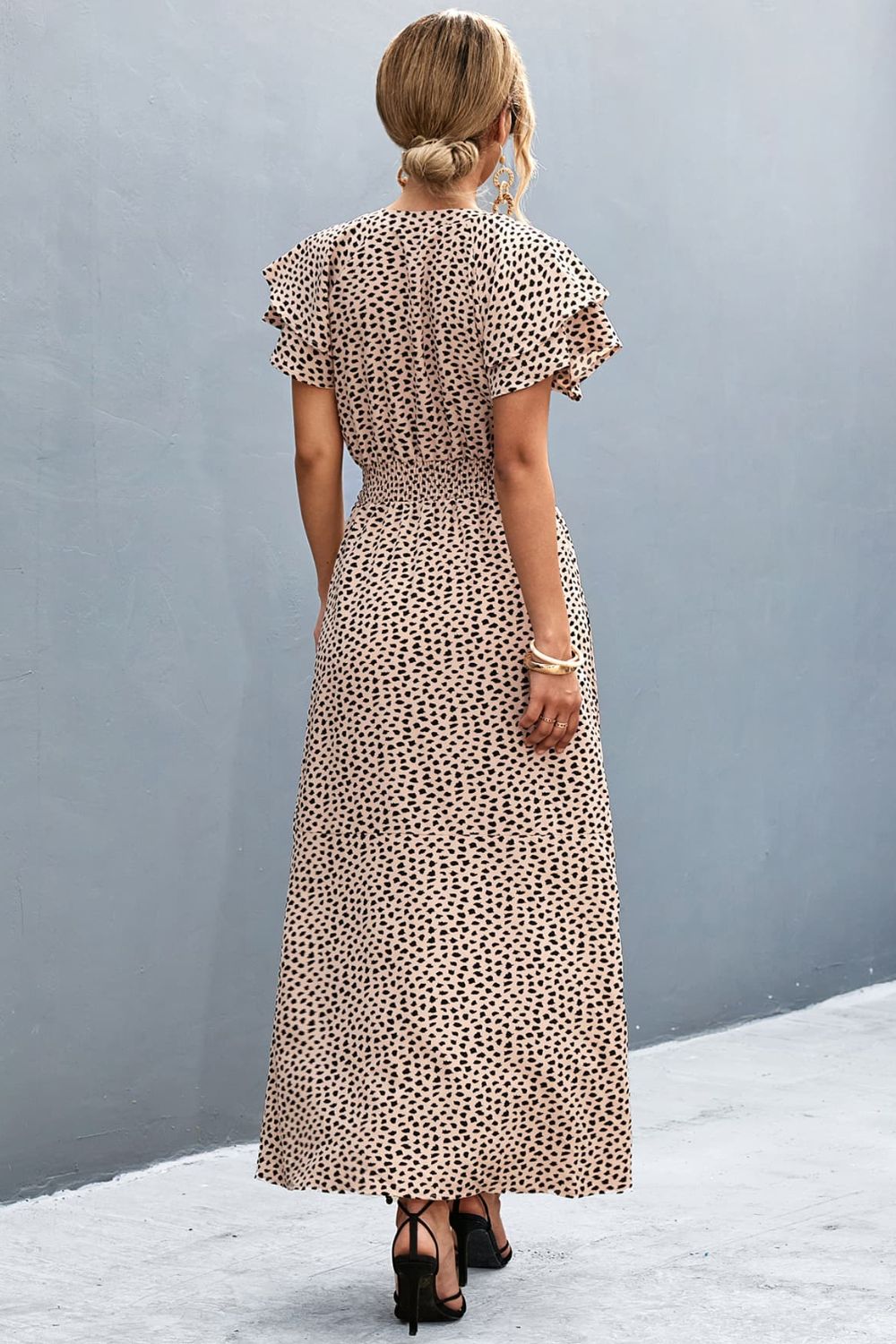 Printed Tie-Neck Flutter Sleeve Dress