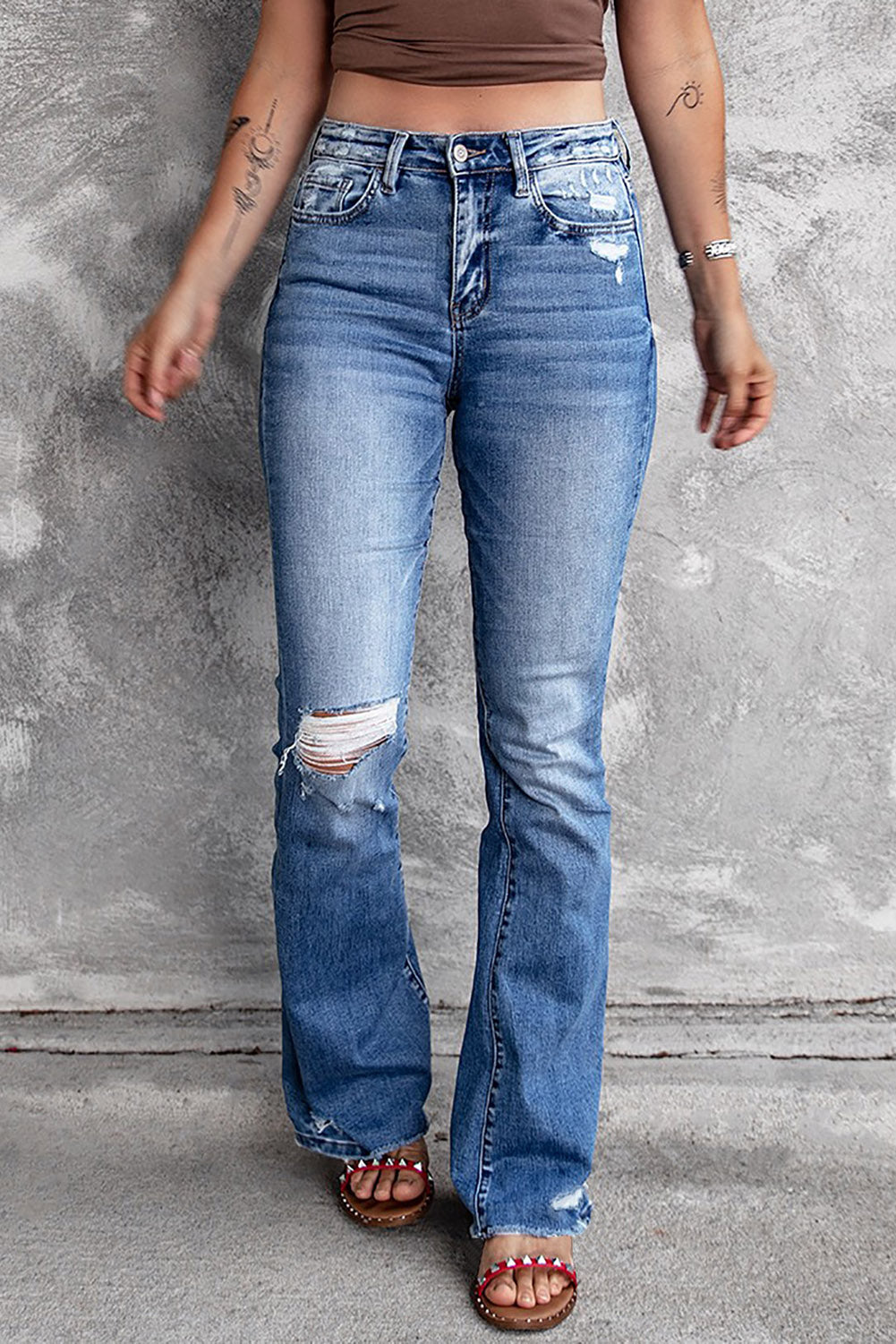 Distressed Flared Jeans with Pockets, Medium Wash