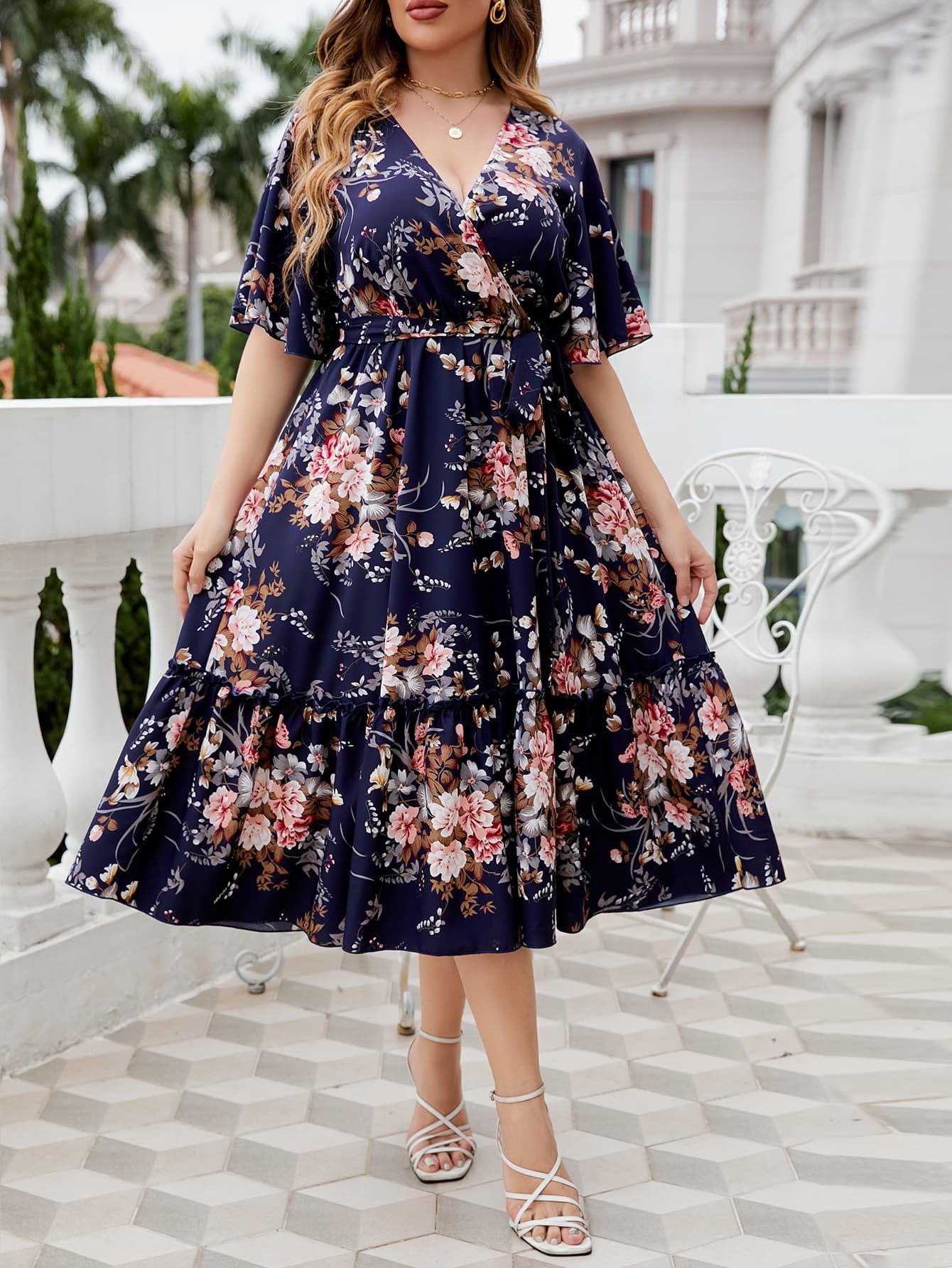 Ladies Floral Open Neck, Midi Dress