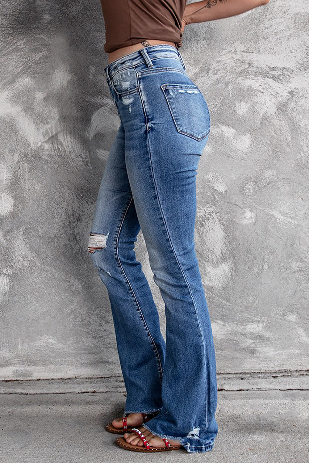 Distressed Flared Jeans with Pockets, Medium Wash