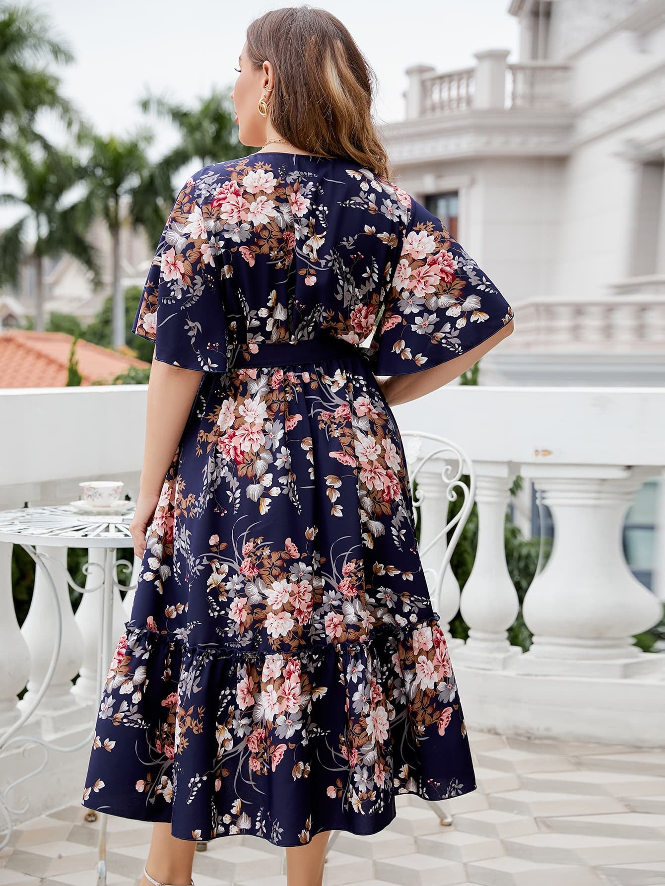 Ladies Floral Open Neck, Midi Dress