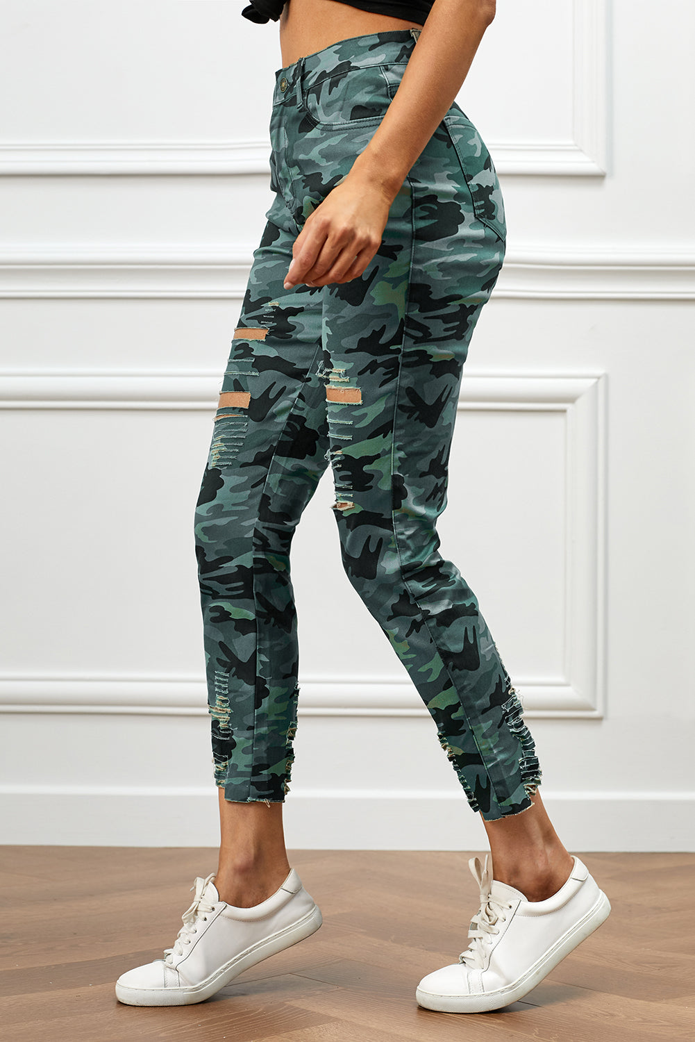 Distressed Camouflage Jeans, Form Fitting Ladies Jeans