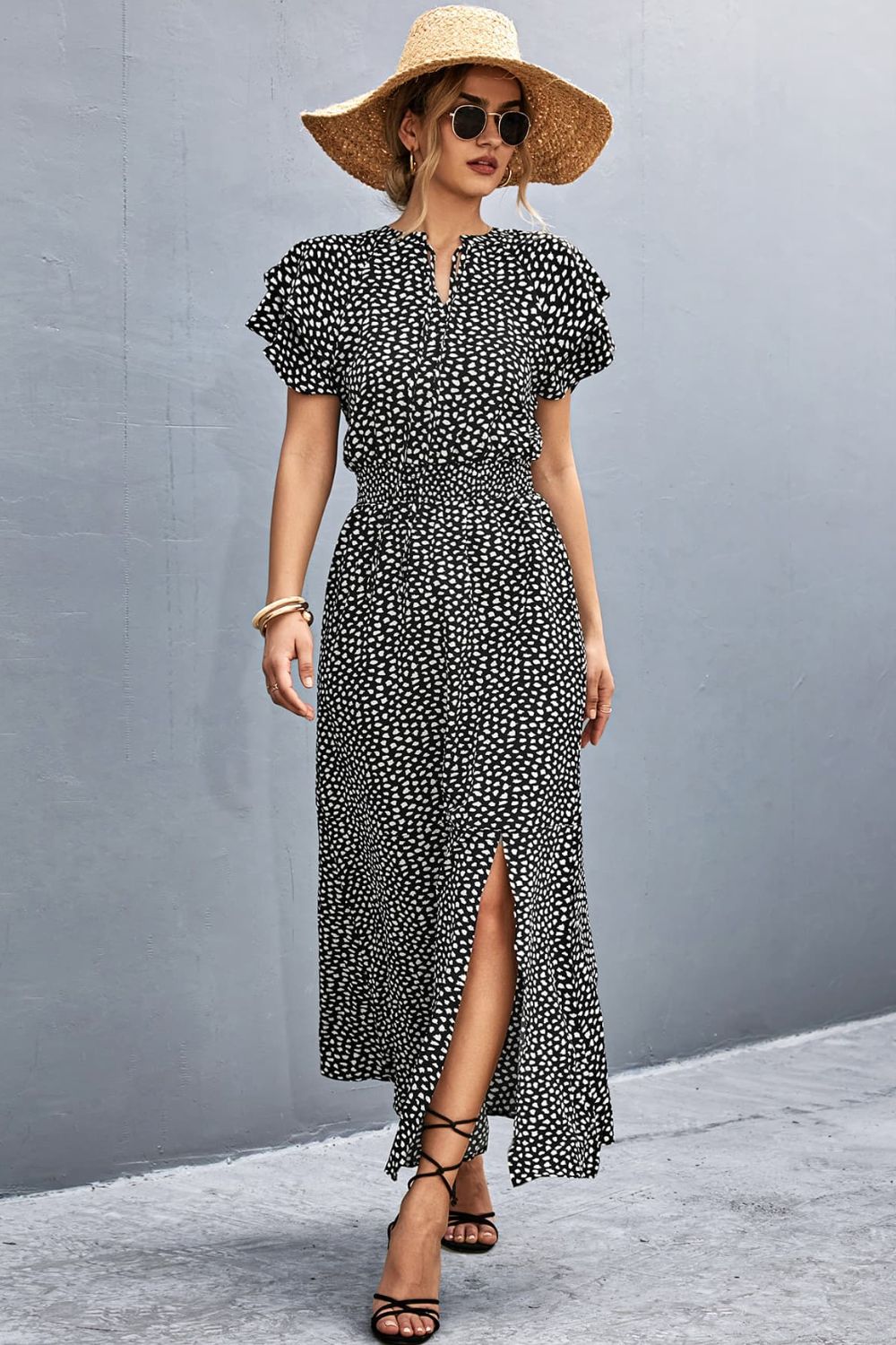 Printed Tie-Neck Flutter Sleeve Dress