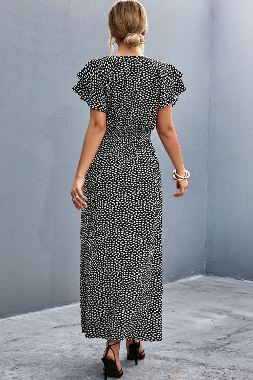 Printed Tie-Neck Flutter Sleeve Dress